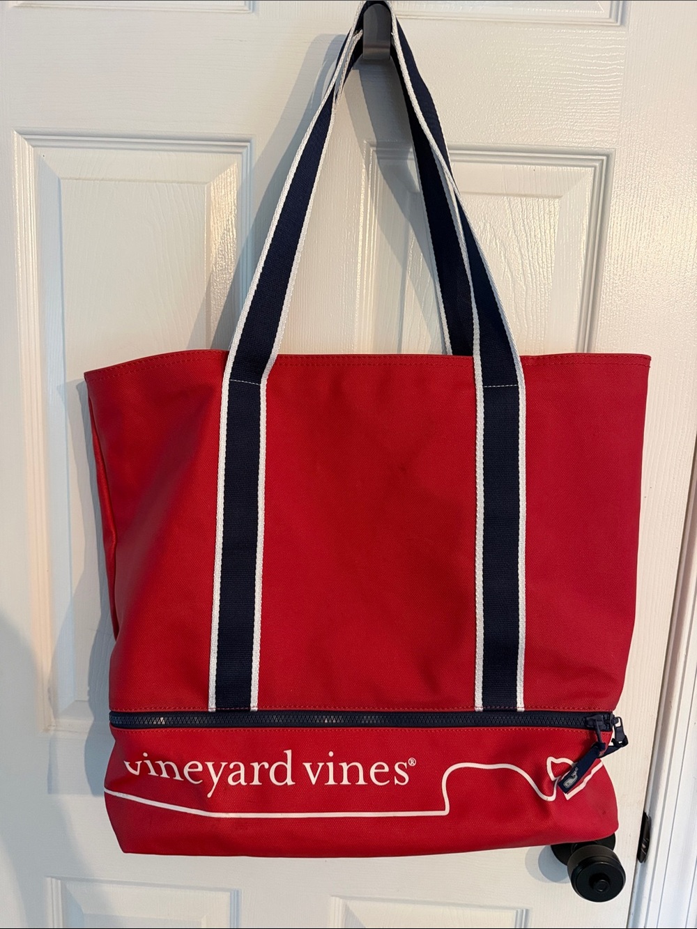 Vineyard Vines Red Canvas Tote with Navy and White Striped Straps